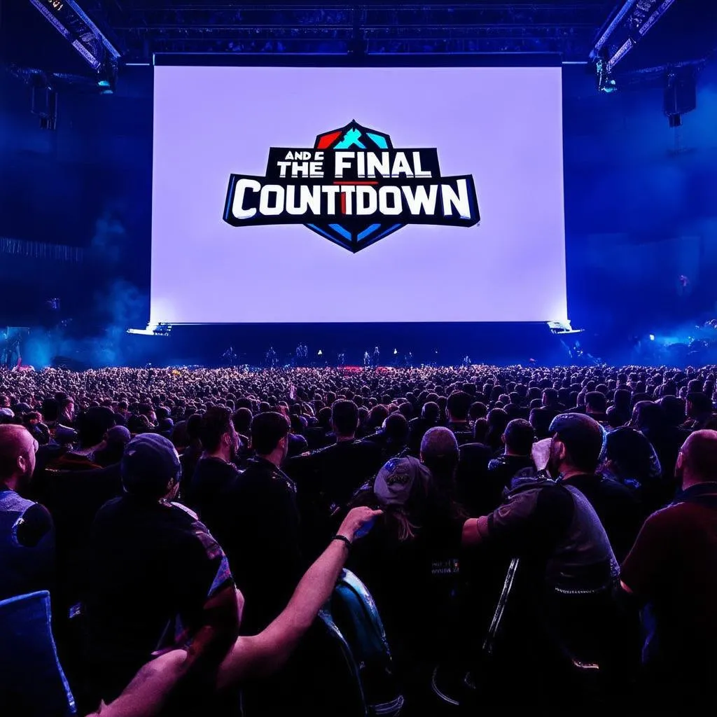 Sân khấu Esports cuồng nhiệt với màn hình lớn đang chiếu khoảnh khắc "And the final countdown"