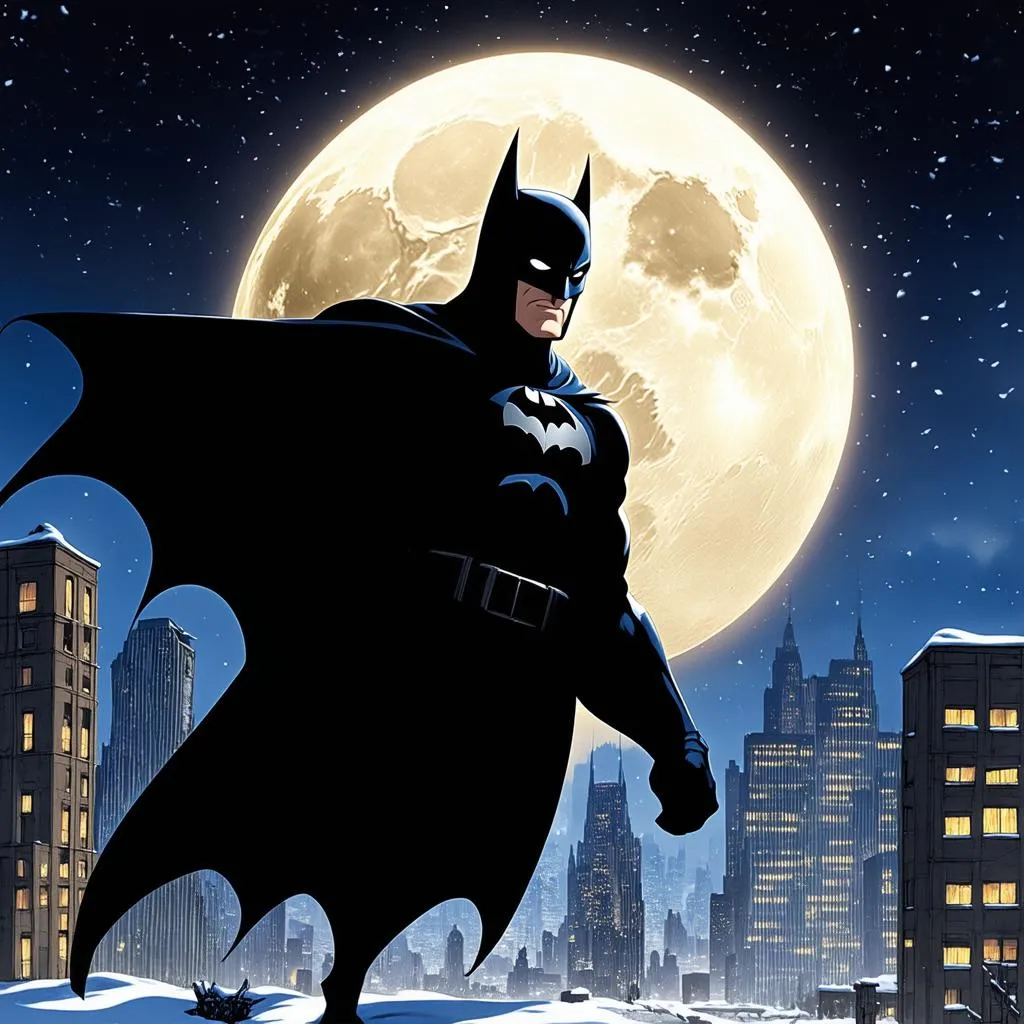 Batman glides over Gotham city