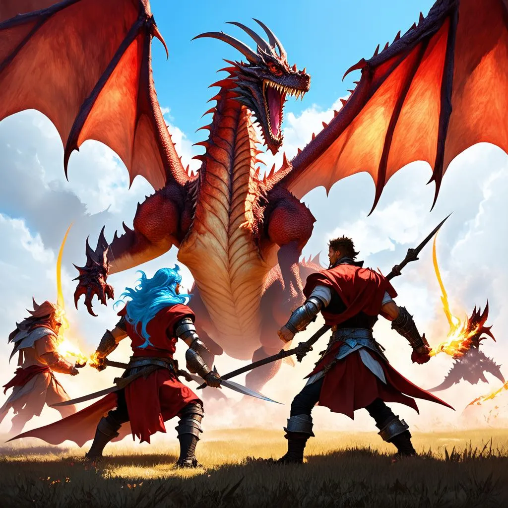 Group of heroes battling a dragon in an MMORPG