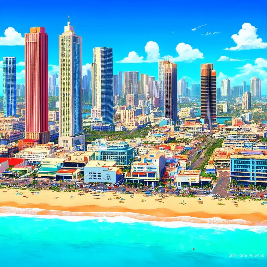 Các tòa nhà cao tầng và bãi biển ở Vice City