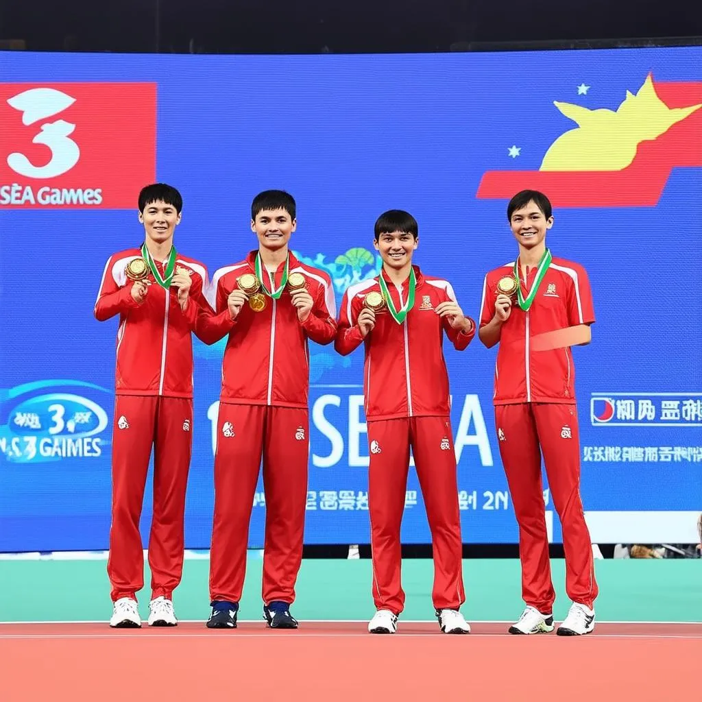 Vận động viên Việt Nam ăn mừng chiến thắng tại SEA Games 31