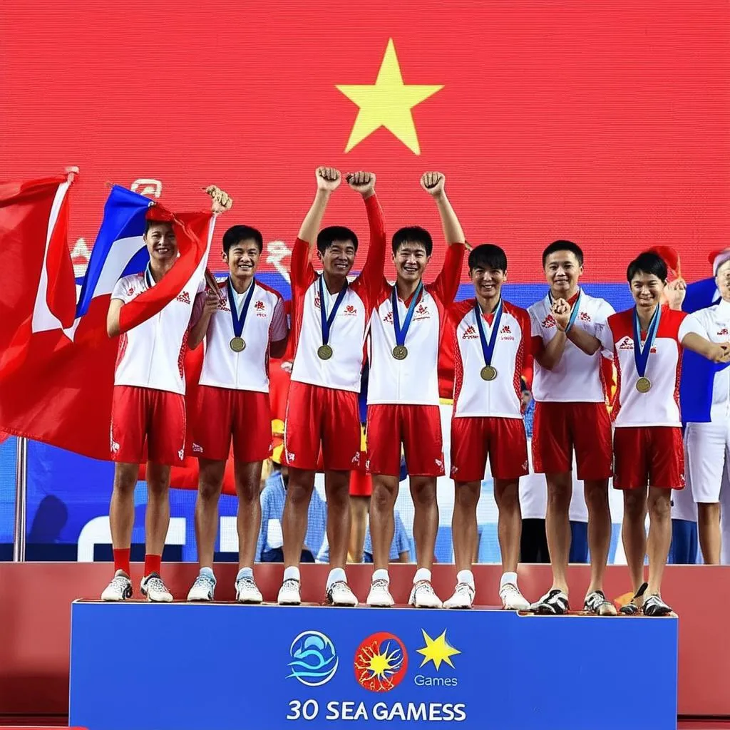 Các vận động viên Việt Nam ăn mừng trên bạng nhận huy chương SEA Games 30