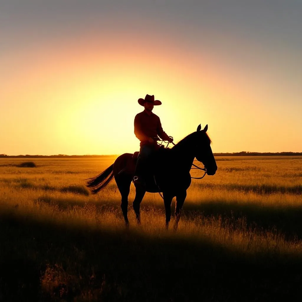 Cowboy riding horse on prairie