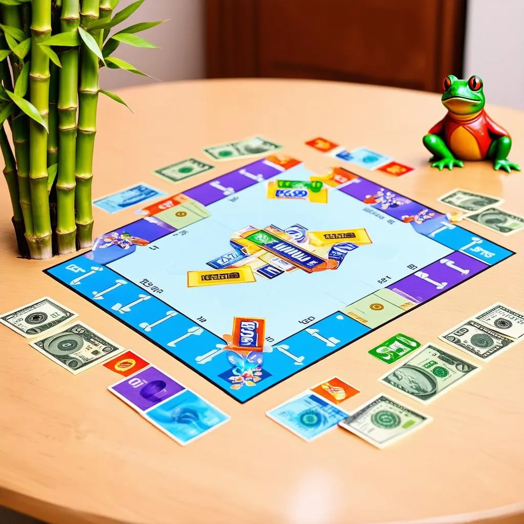 Cashflow board game with lucky bamboo and money frog