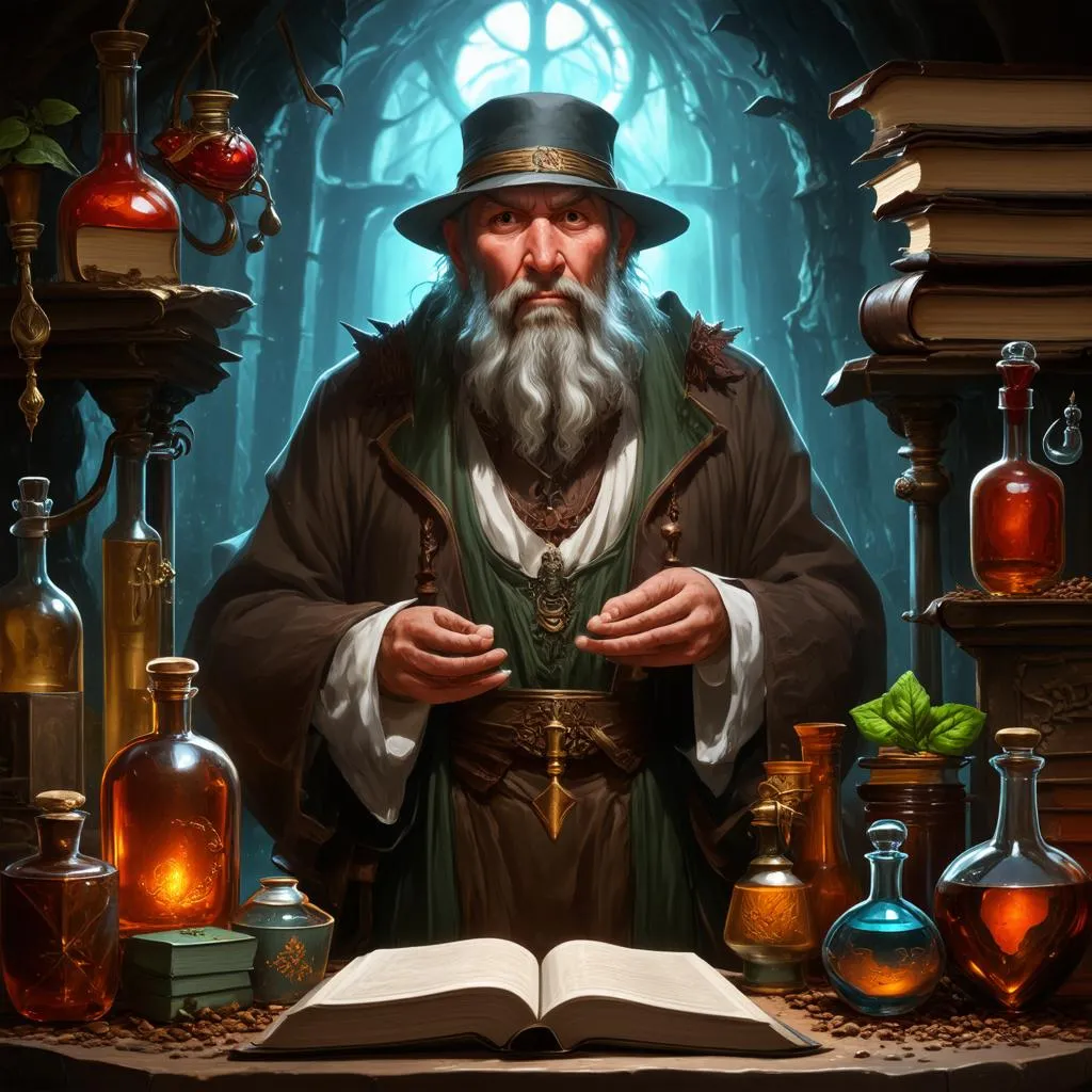 An alchemist surrounded by potion bottles, books, and ingredients.