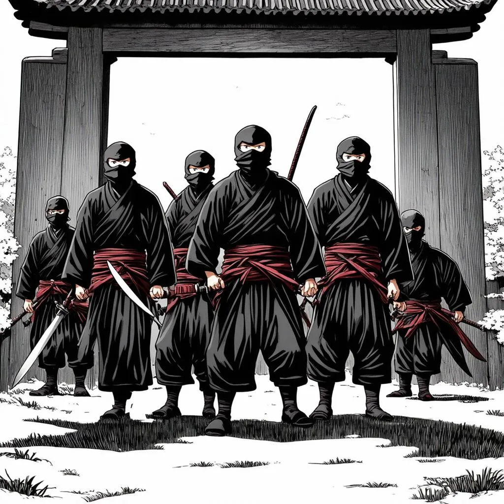 Ninja warriors standing in front of the village gate