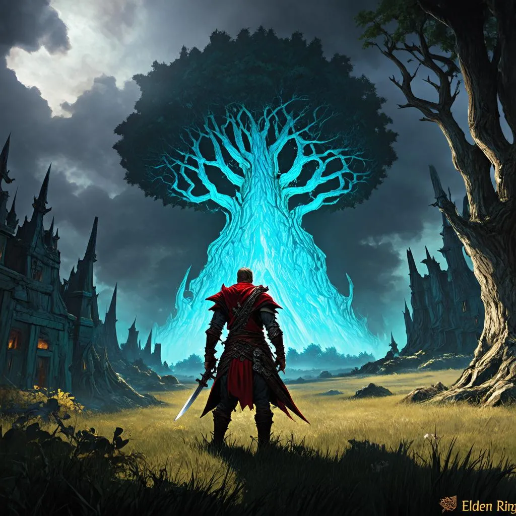 Elden Ring character standing before a giant Erdtree