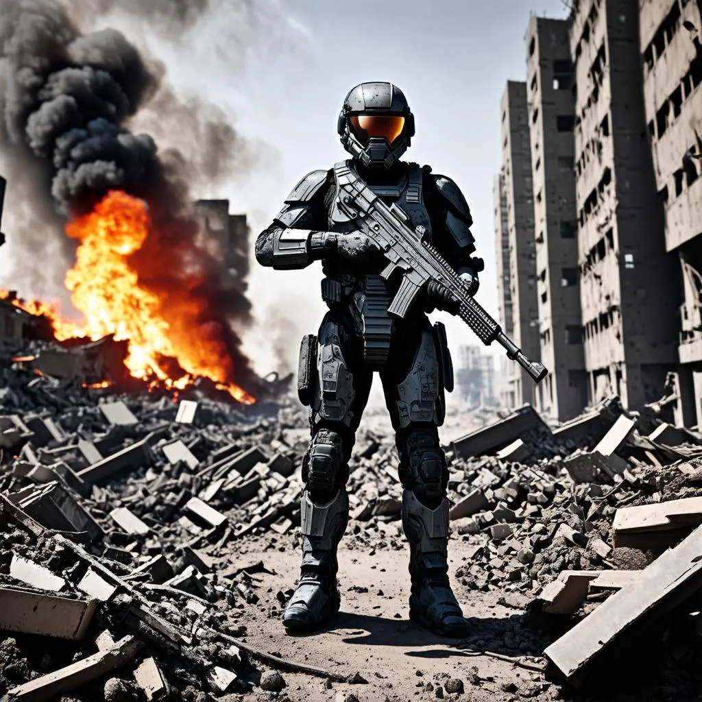 ODST soldier in ruined city