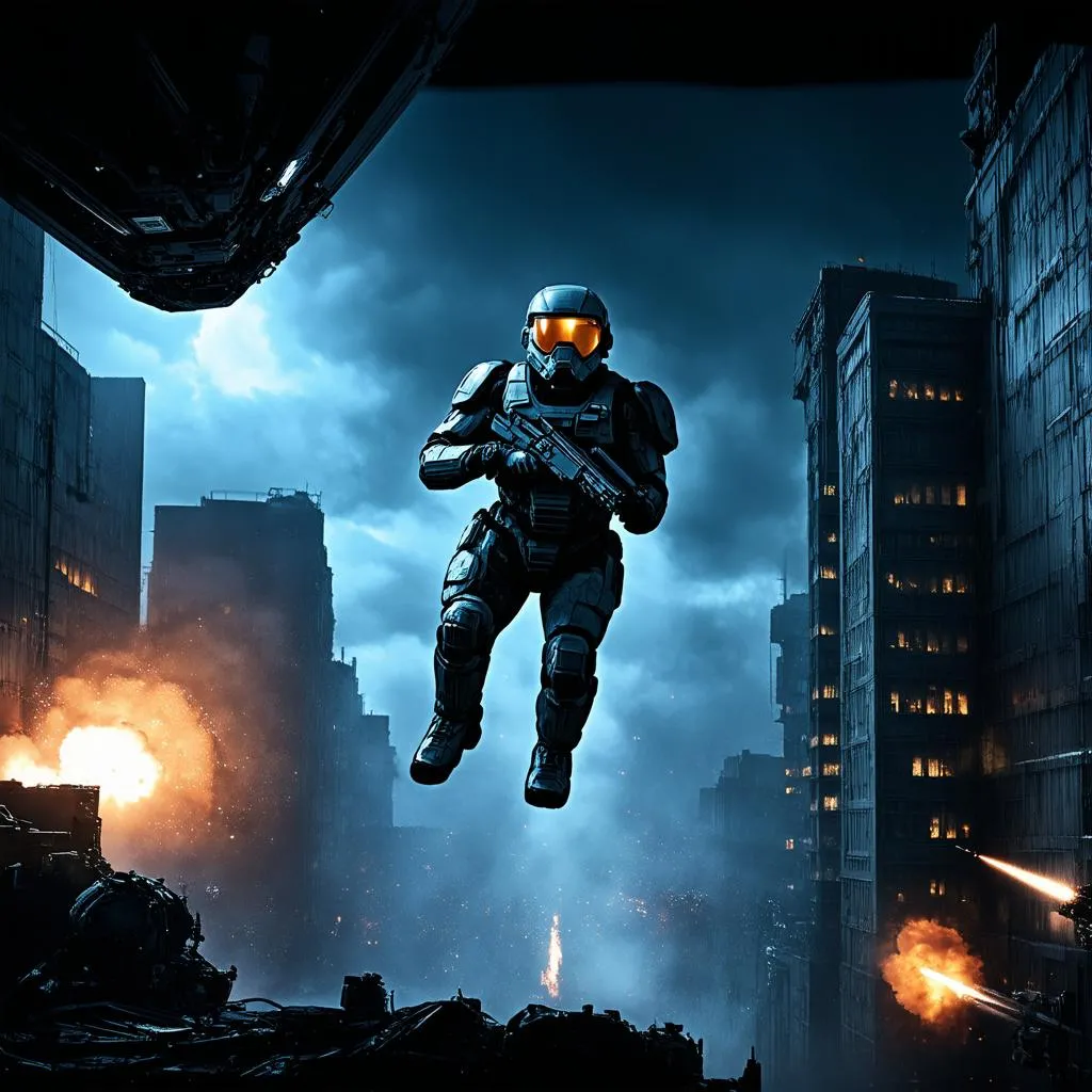 ODST dropping into the city at night