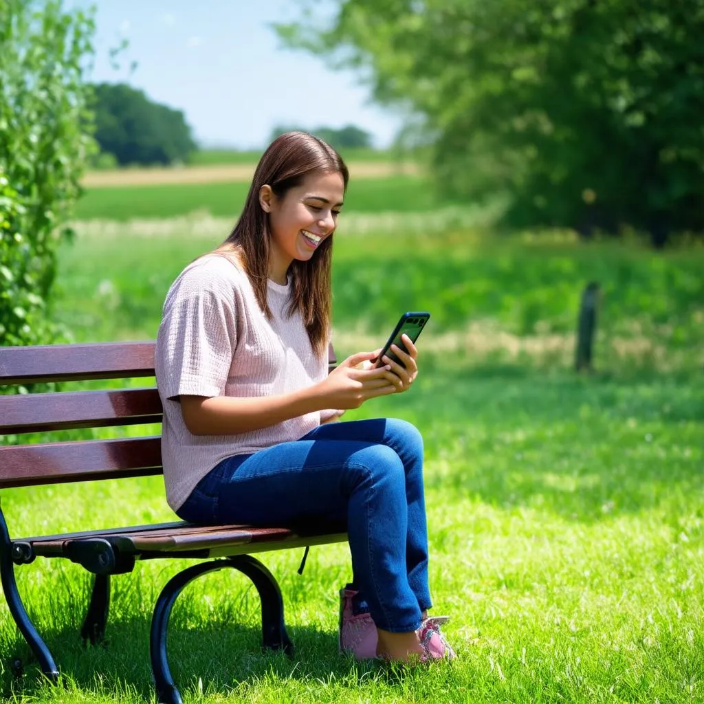 Girl playing farm game on phone