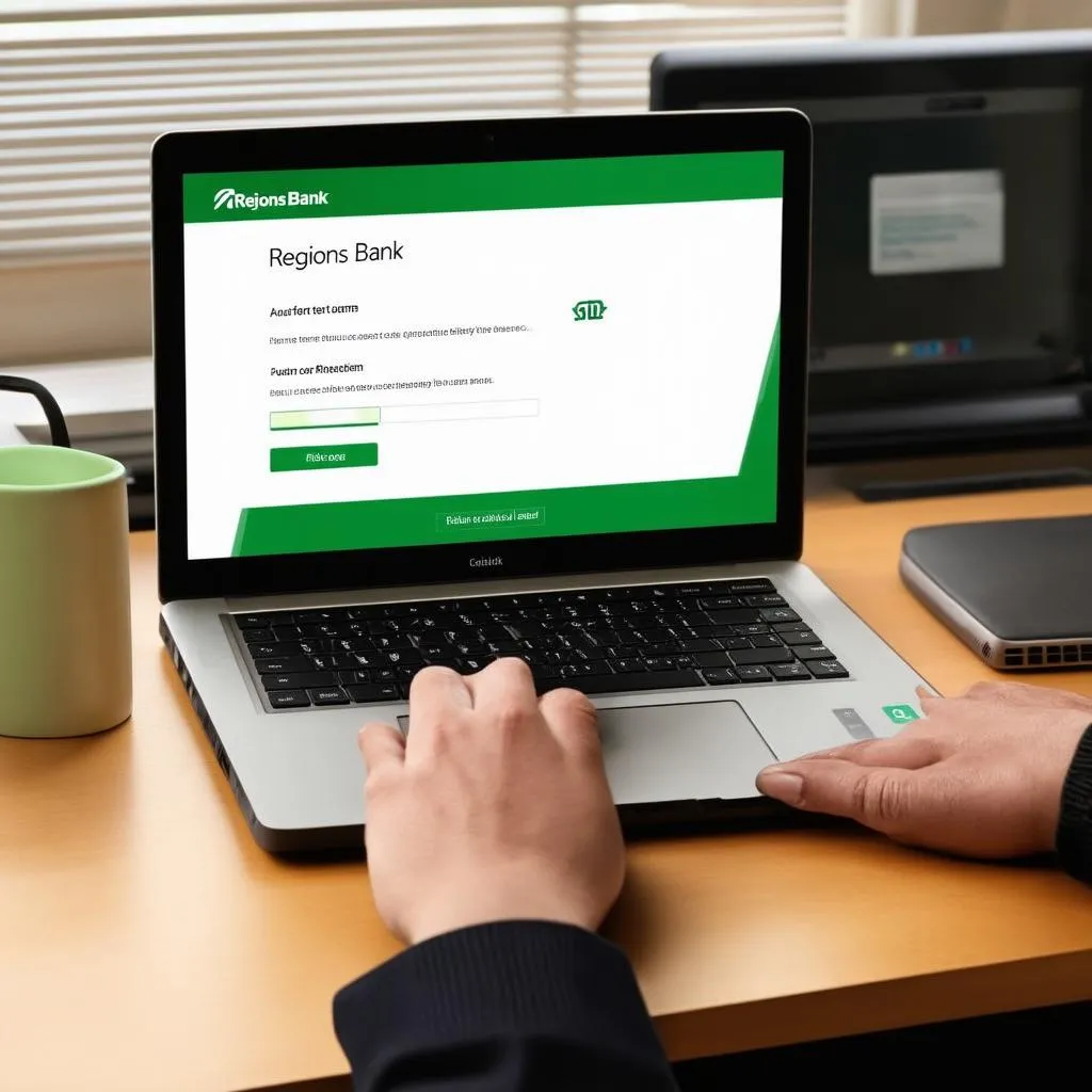 Người dùng đang đăng nhập vào Regions Bank trên laptop