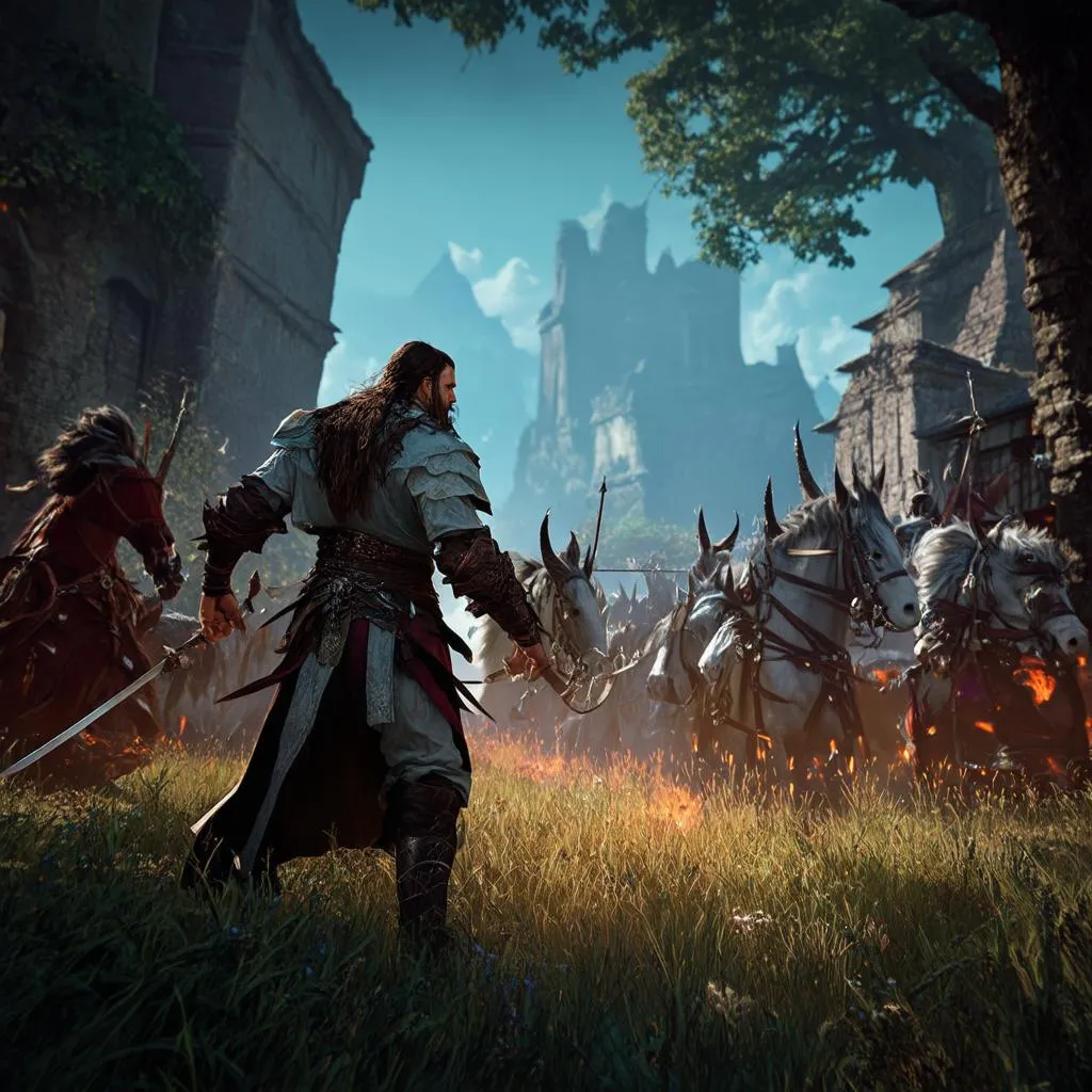 Screenshot of a player character fighting a colossal, shadowy creature in a dark and overgrown ruin, with particles and visual effects highlighting the combat. The gameplay should showcase the challenging but rewarding combat system of Elden Ring.