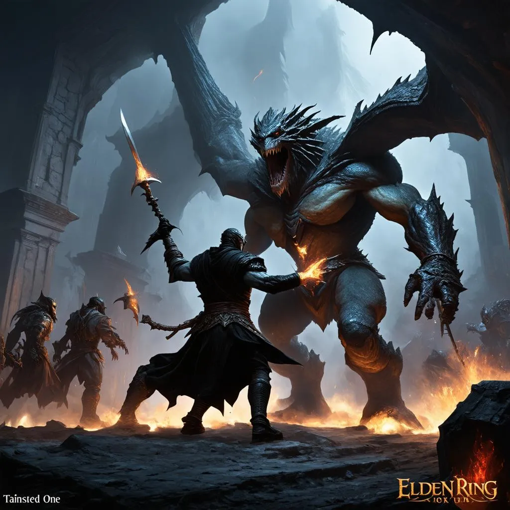 Elden Ring Character Fighting a Boss