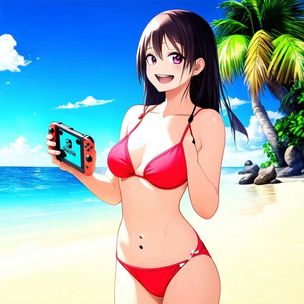 Cô gái anime trong bộ bikini chơi game trên bãi biển