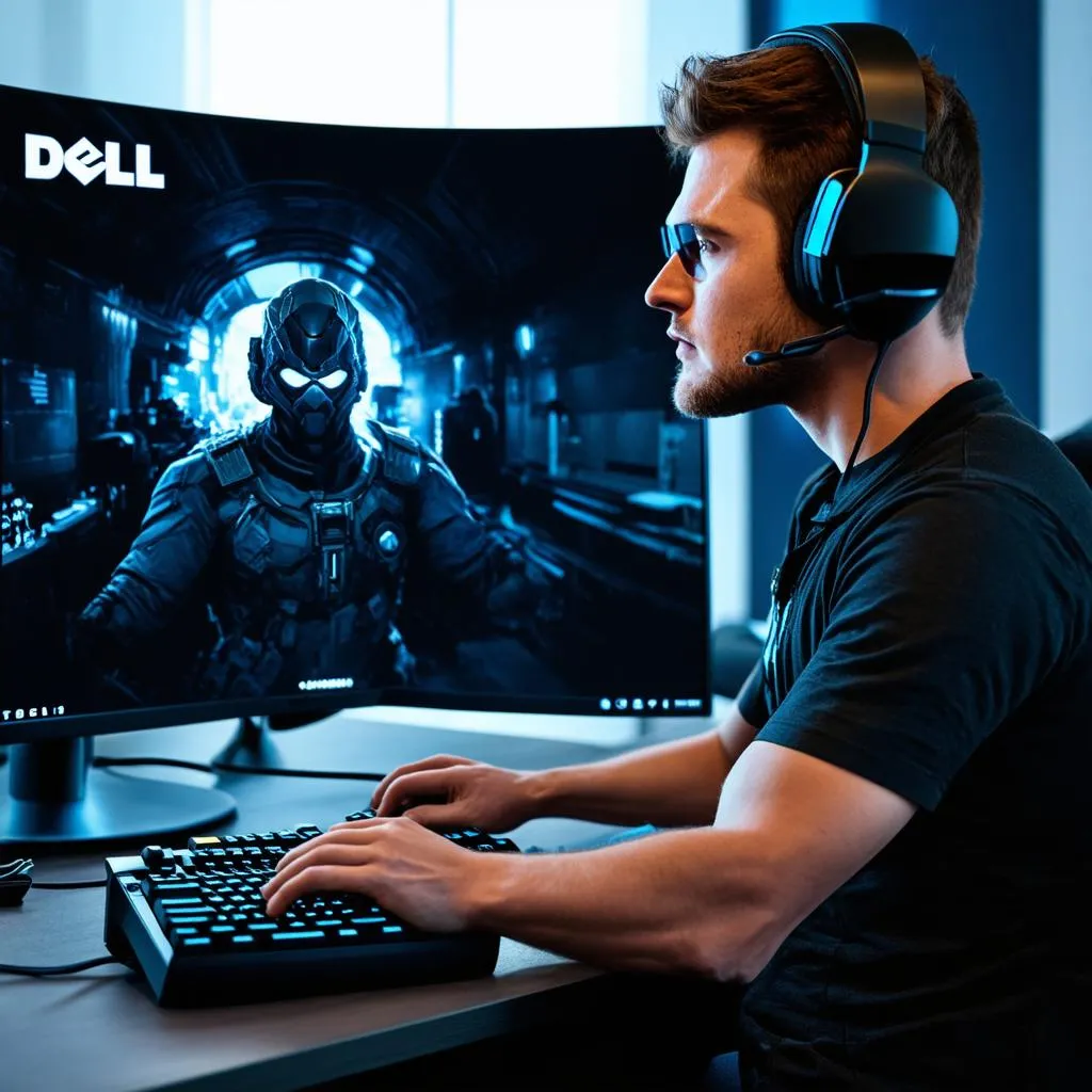 Gamer Playing on Dell Monitor