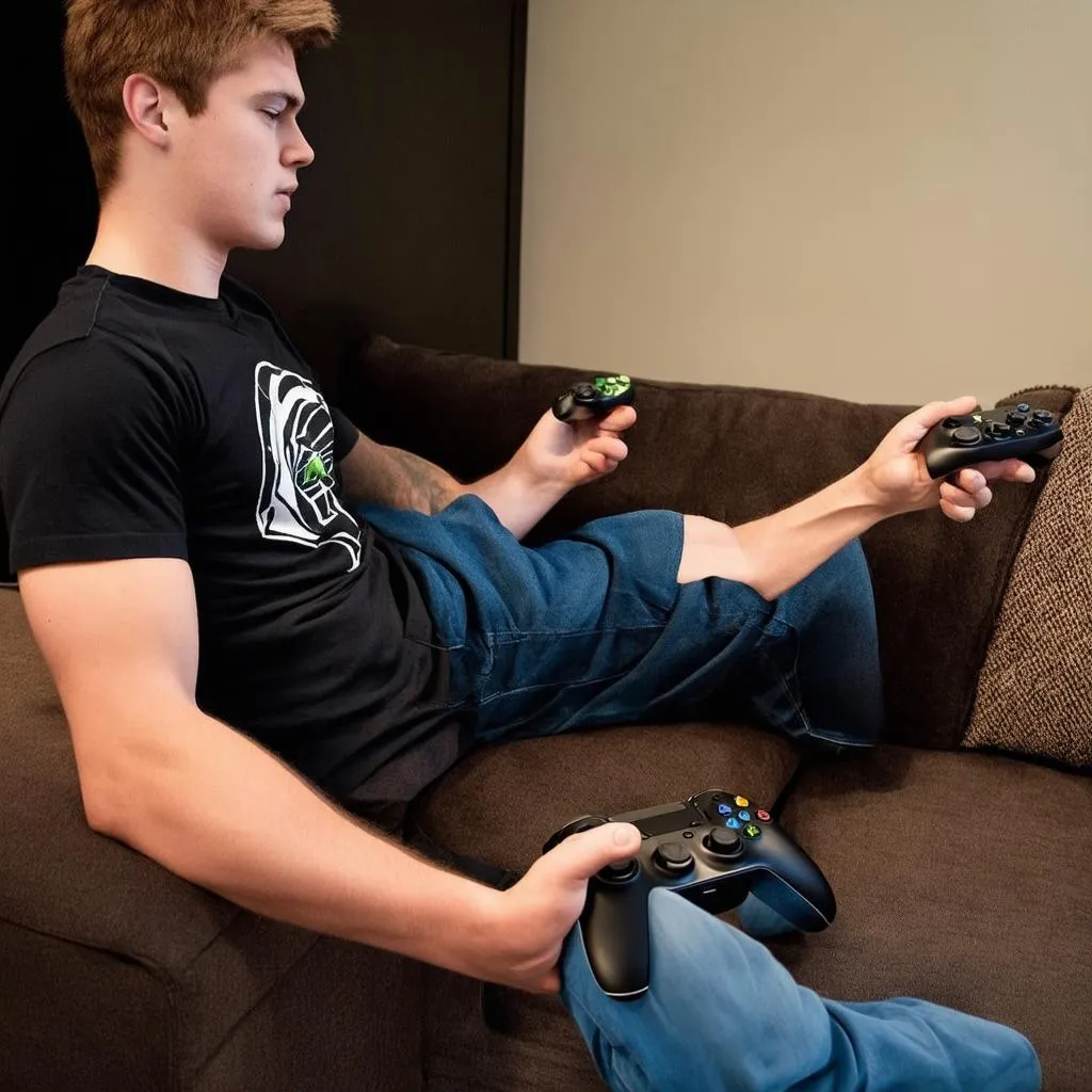 Gamer playing Xbox with controller