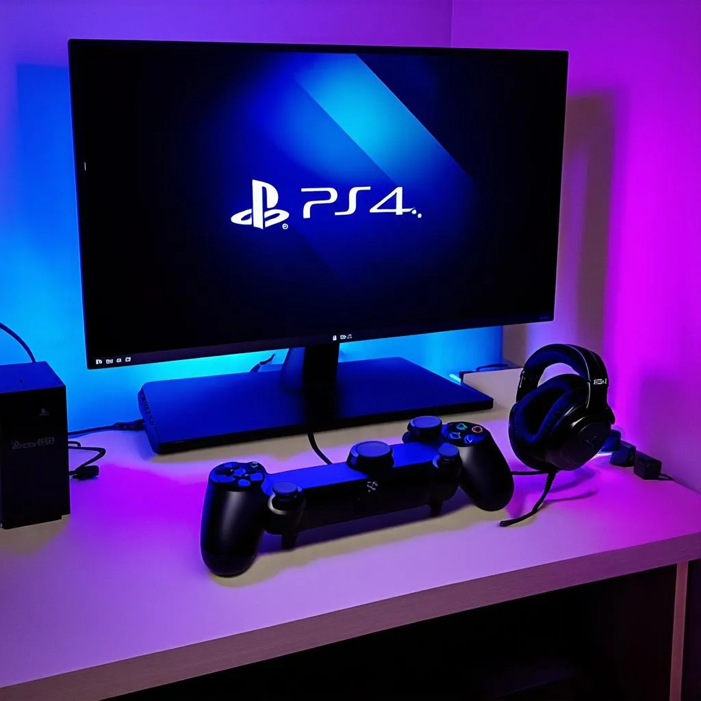 Gaming monitor setup with PS4 and accessories