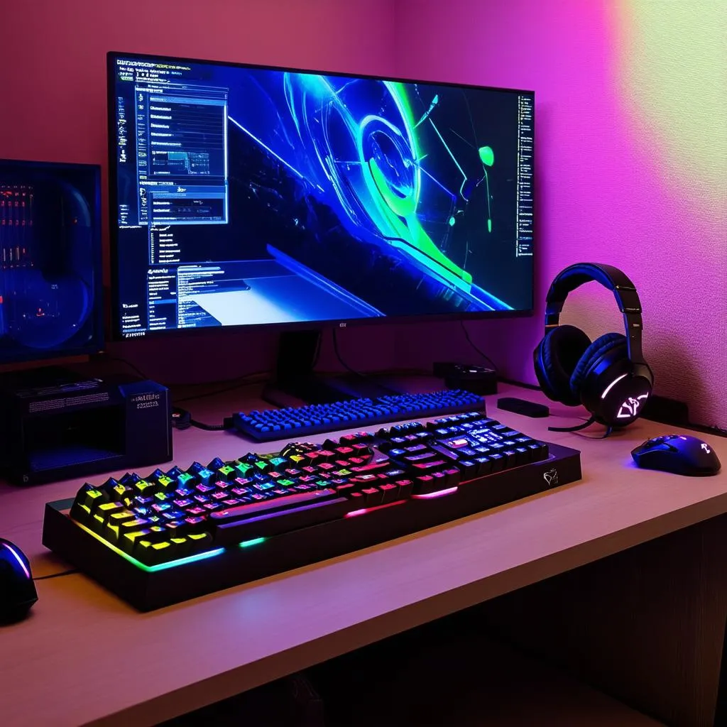 gaming setup với màn hình và tai nghe