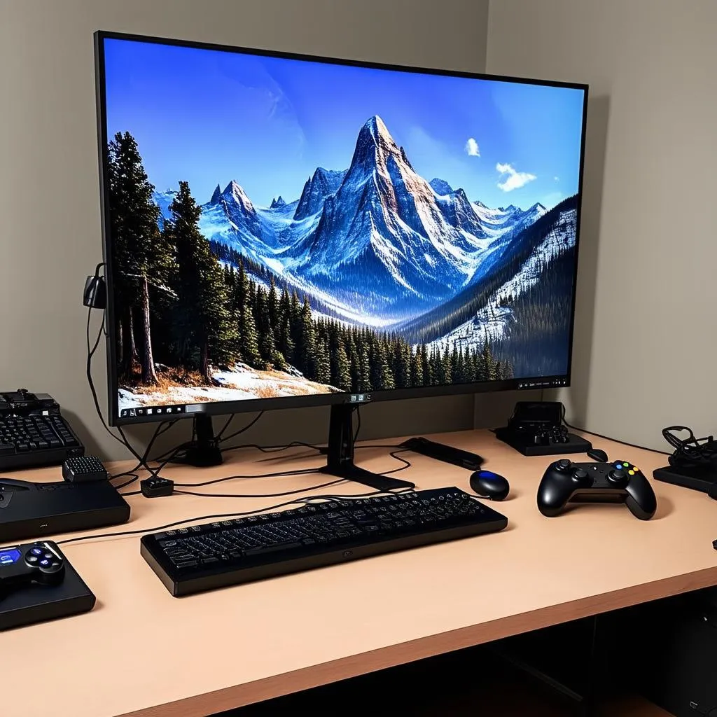 Gaming setup with mountain picture