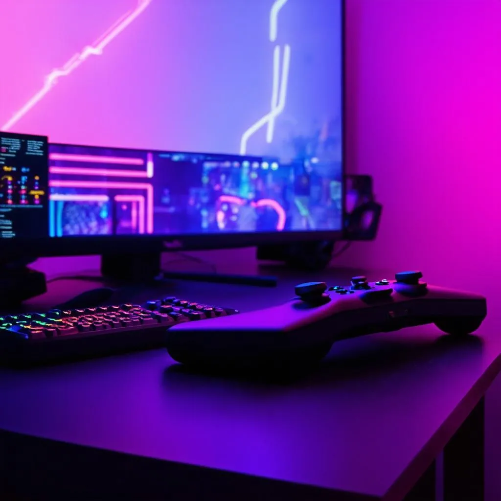 Gaming setup with neon lights