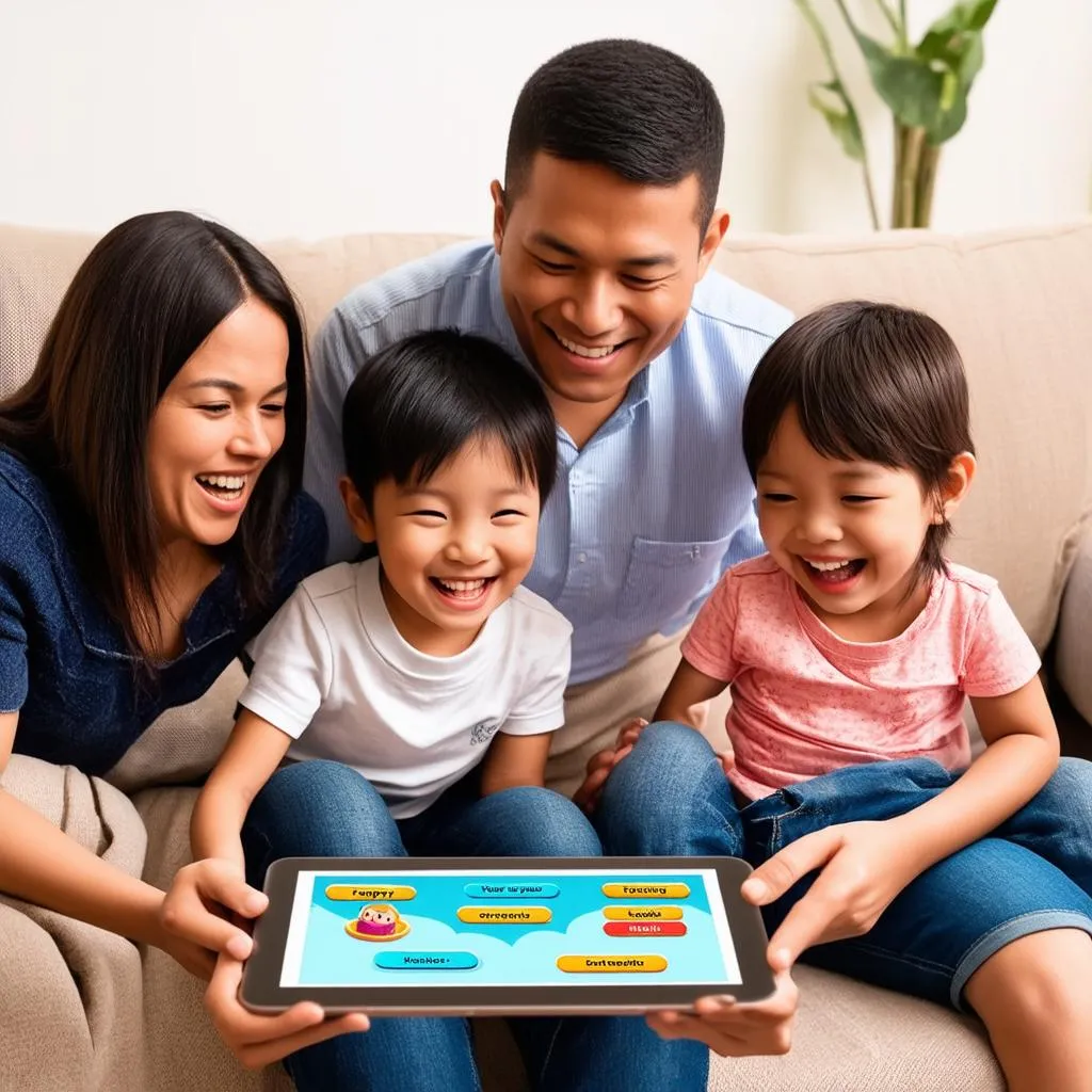 family playing english learning game together