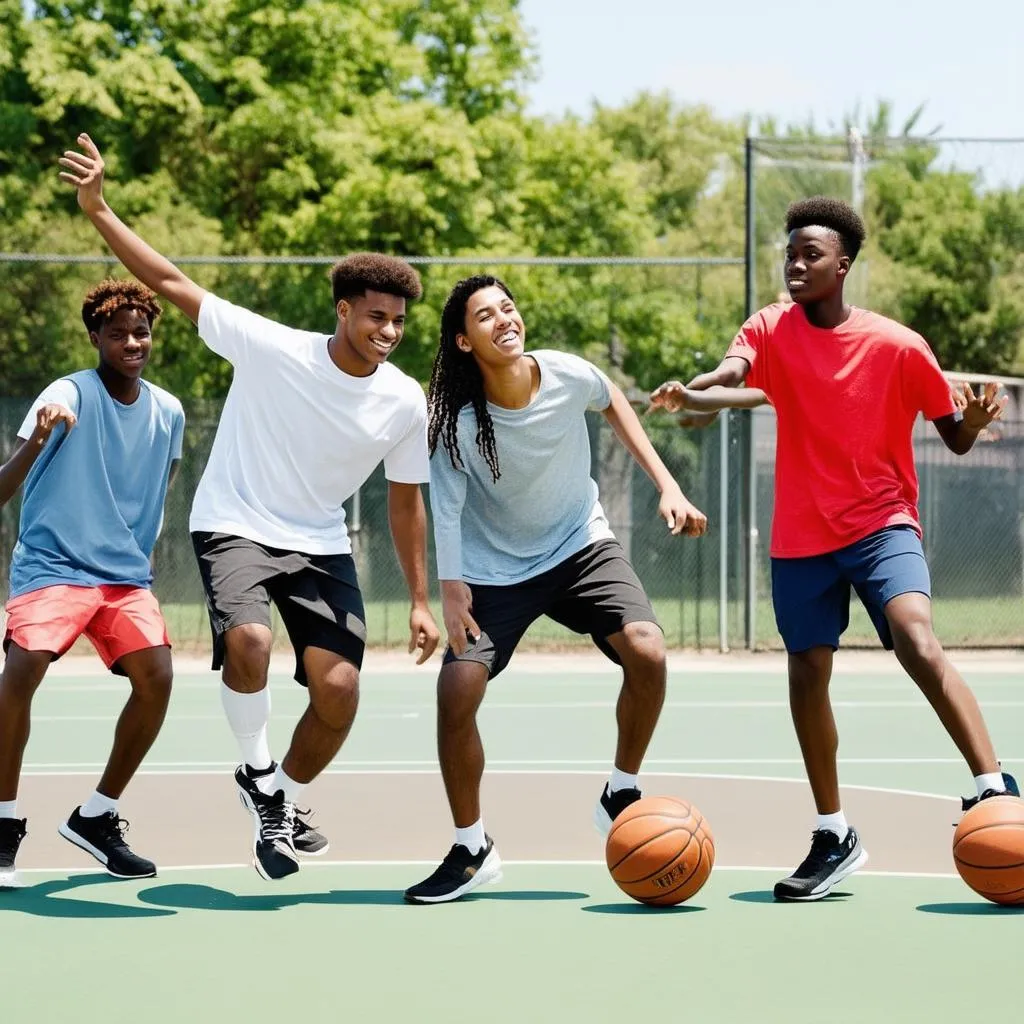 Group of teenagers playing basketball