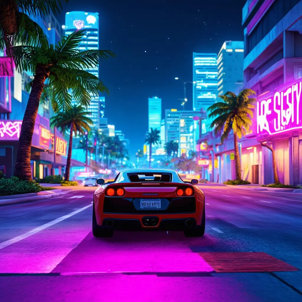 Bầu trời đêm rực rỡ sắc màu neon của thành phố Vice City trong GTA Vice City