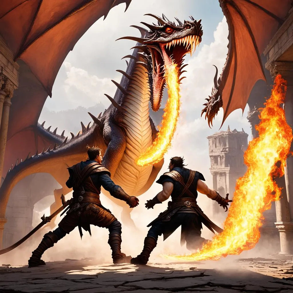 Two Elden Ring characters battling a dragon