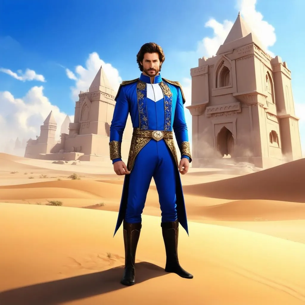 Prince standing in a desert, looking at a giant palace