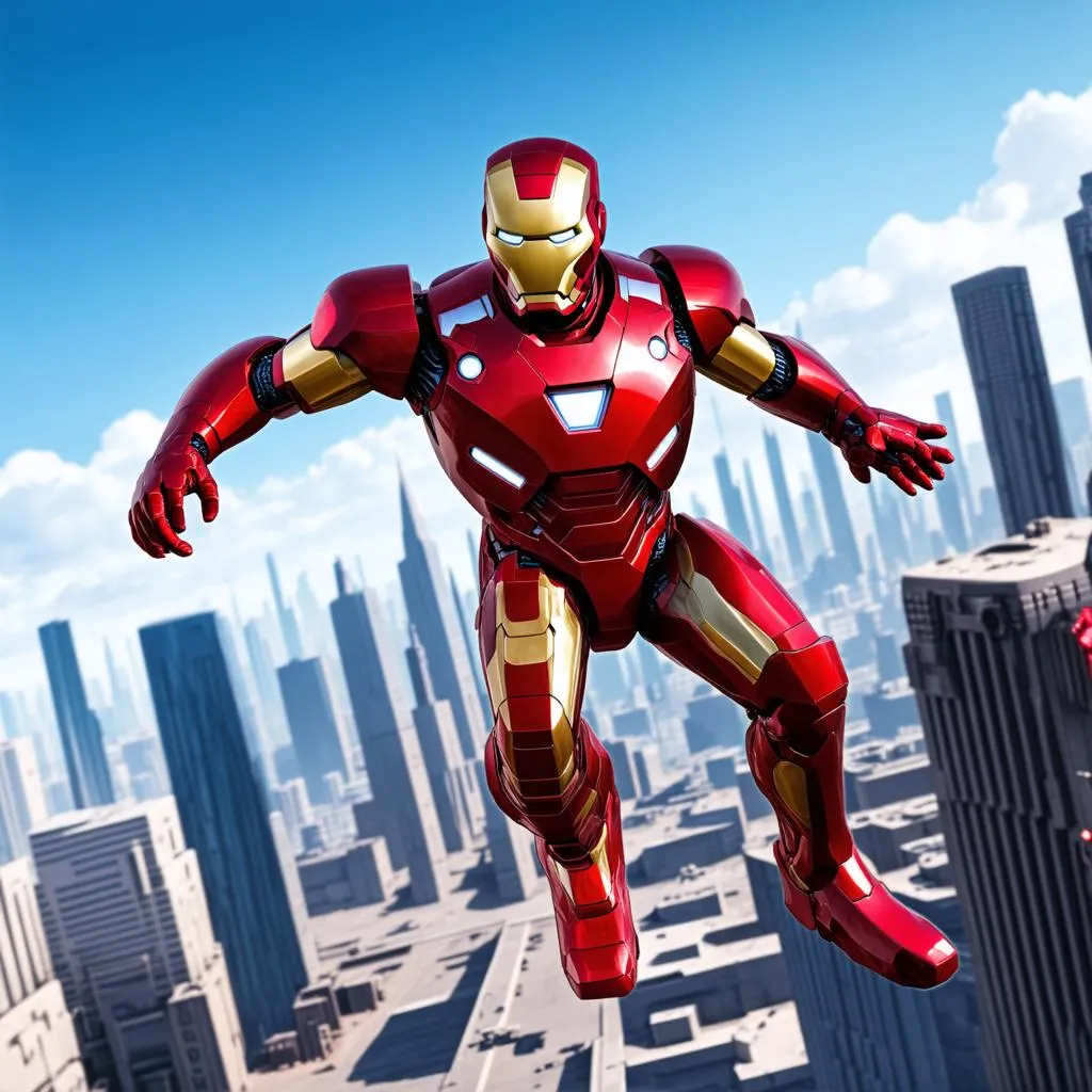 Iron Man flying above a city