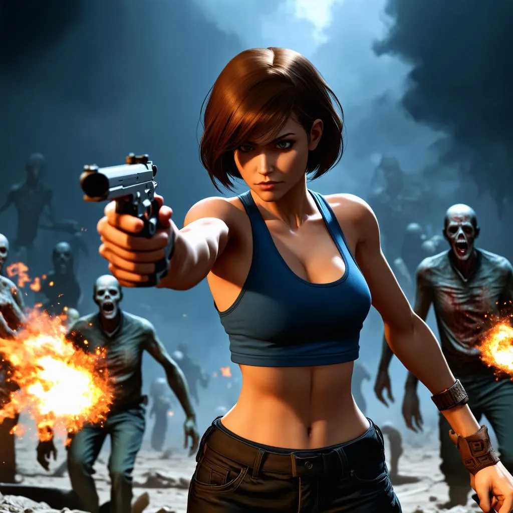 Jill Valentine chiến đấu với lũ zombie trong Re3.