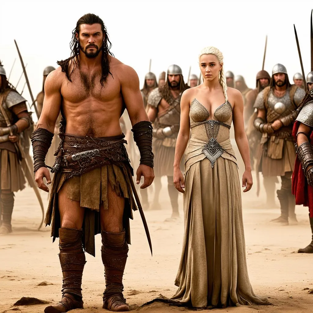 Jason Momoa và Emilia Clarke trong vai Khal Drogo và Daenerys Targaryen