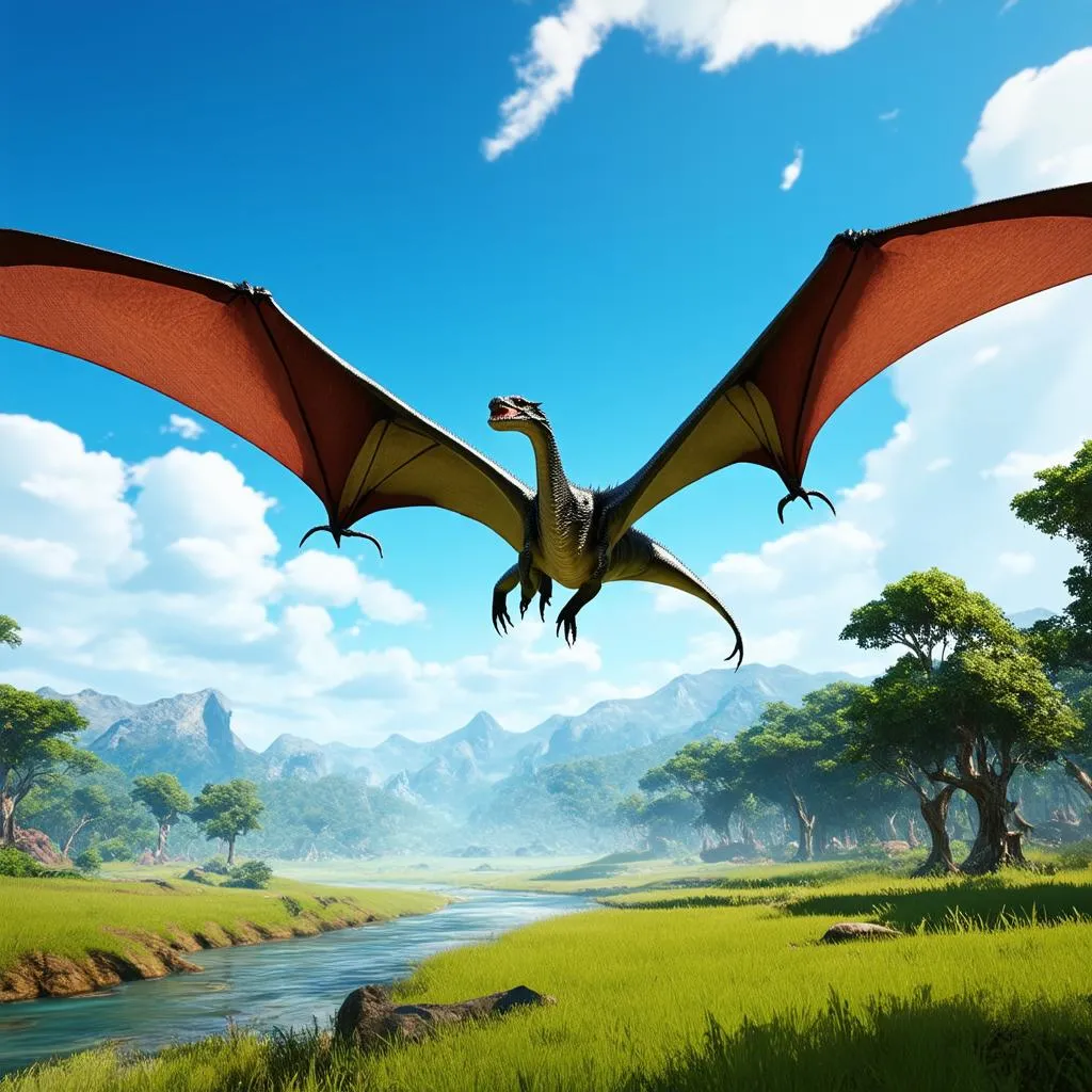 Khủng long bay Pteranodon bay lượn trên bầu trời trong game ARK: Survival Evolved