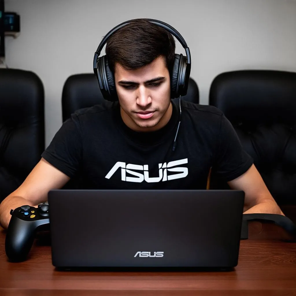 A gamer playing on an Asus gaming laptop