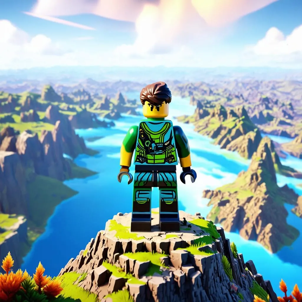 Nhân vật Lego Fortnite đứng trên đỉnh núi