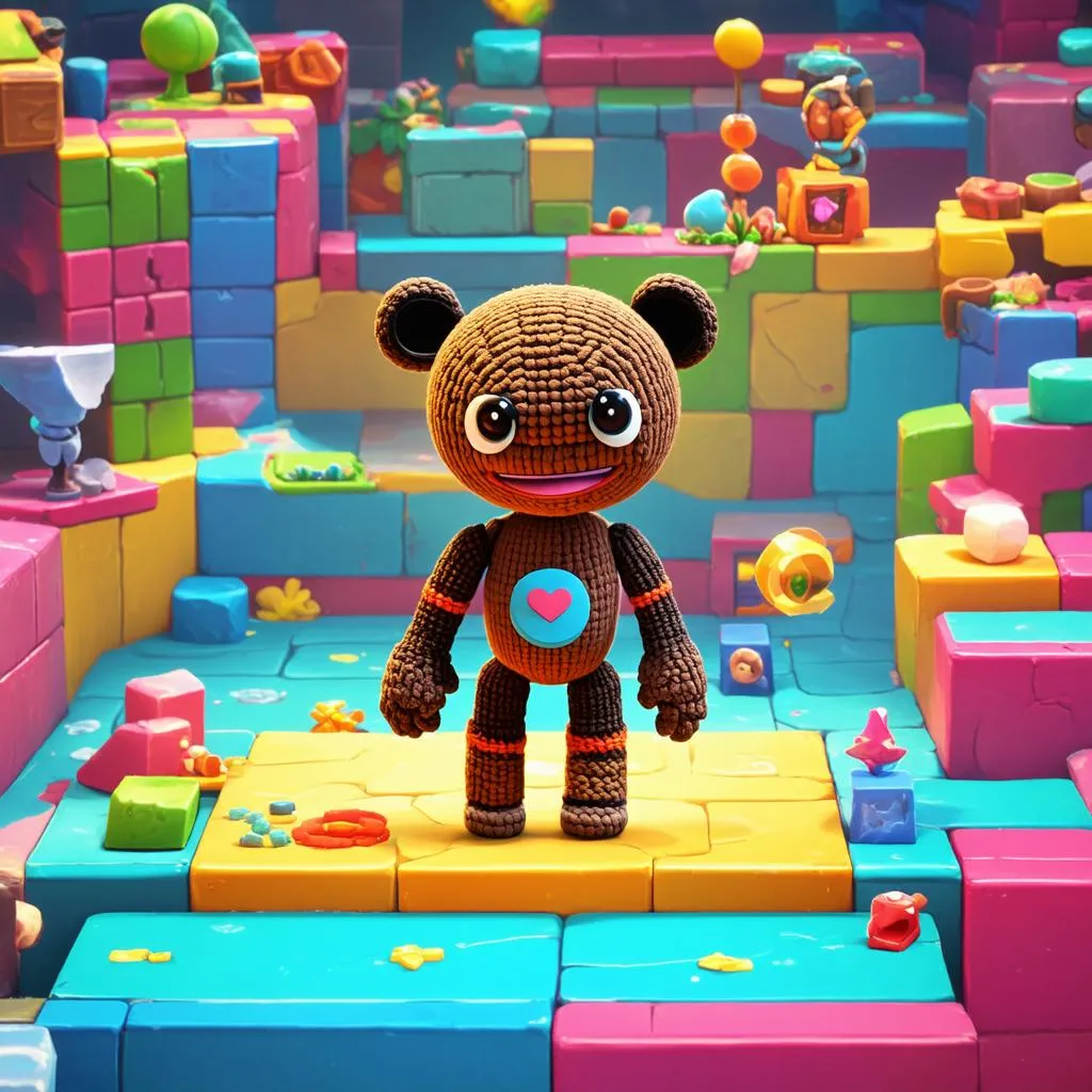 Sackboy đứng giữa một thế giới đầy màu sắc trong Little Big Planet 3