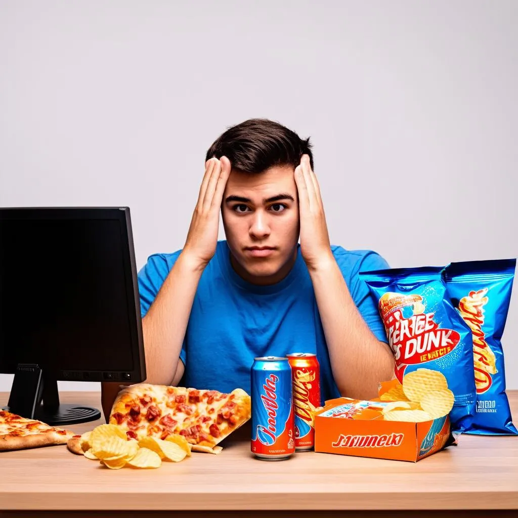 A young man is sitting in front of a computer, looking stressed and frustrated. His hands are on the keyboard and he is surrounded by empty energy drink cans and junk food.