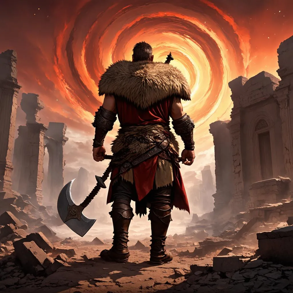 Concept art of a warrior standing amidst ruins, with a mystical glow