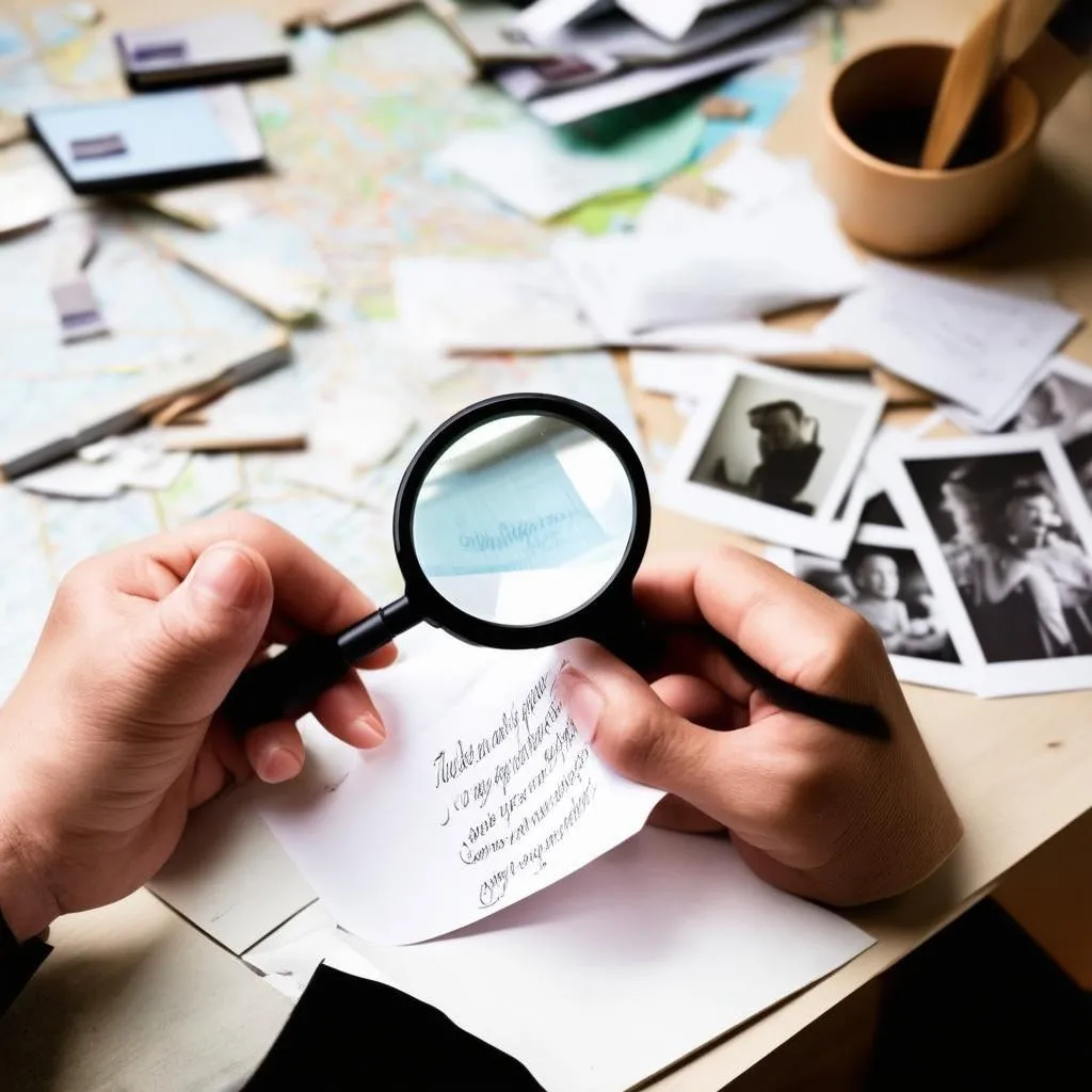 Close-up of a hand holding a magnifying glass over a clue in a detective game