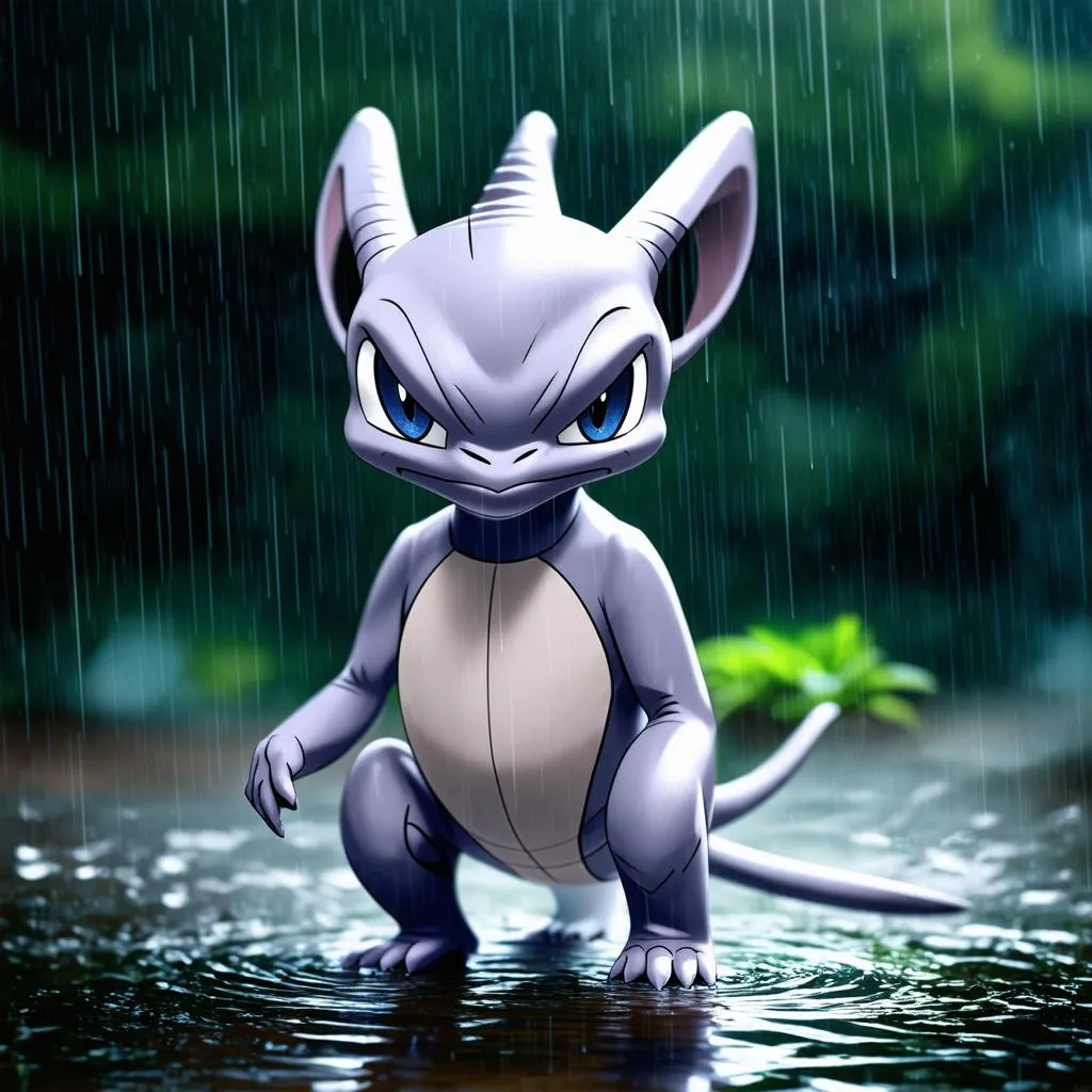 Mewtwo đứng giữa cơn mưa