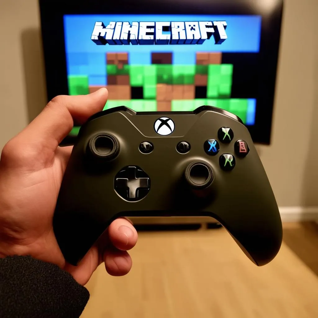 Tay cầm Xbox One đang điều khiển trò chơi Minecraft