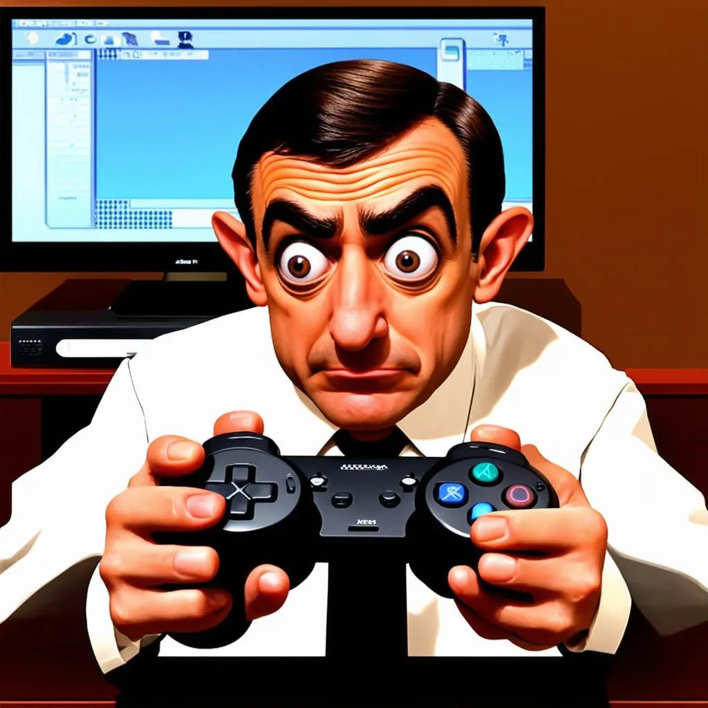 Mr Bean using a game controller