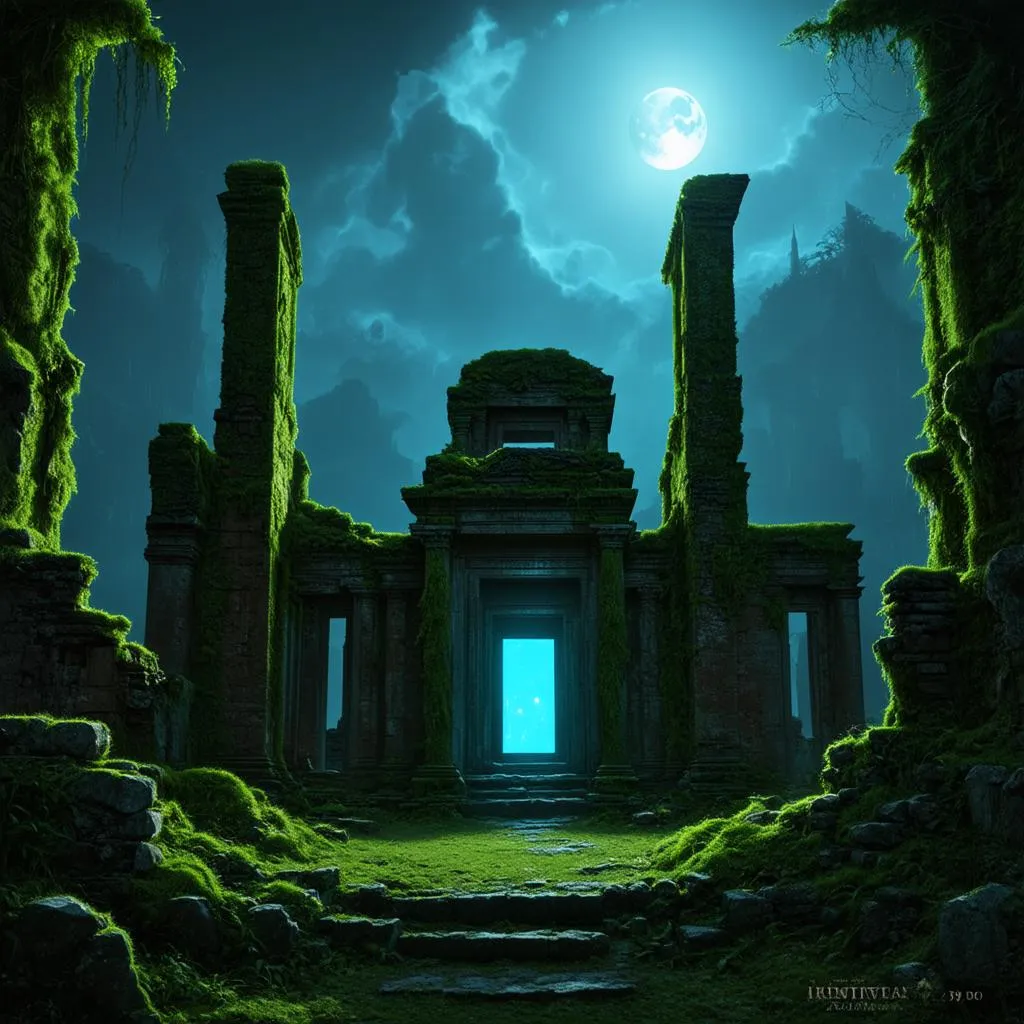 Mysterious ruins overgrown with vines and glowing with an eerie light