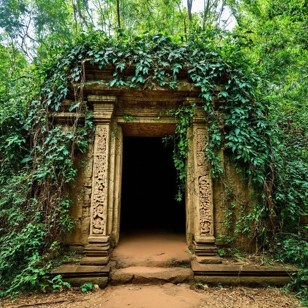 Mysterious Temple Entrance Surrounded by Jungle