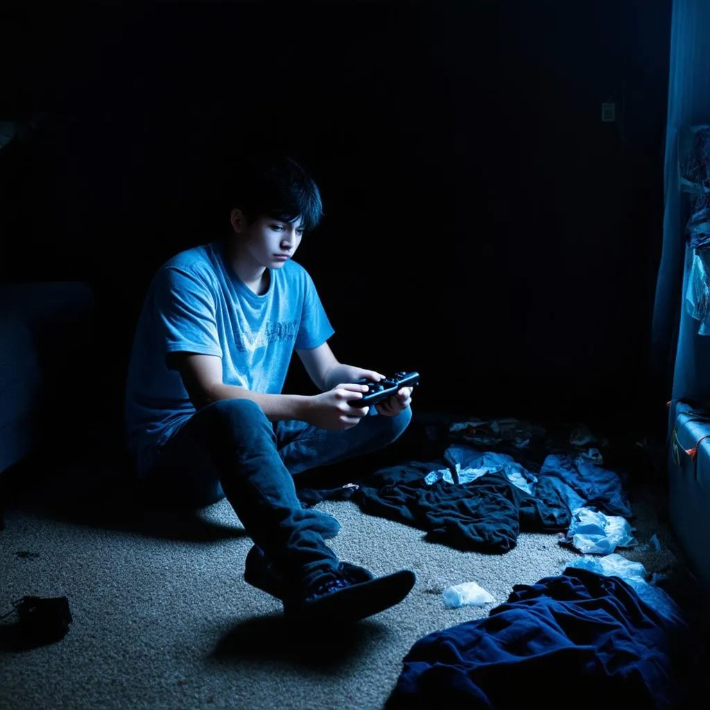 Teenager playing video game