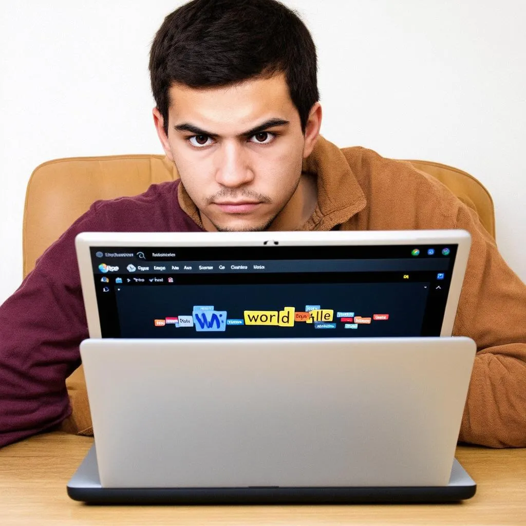 Person playing Wordle on a laptop