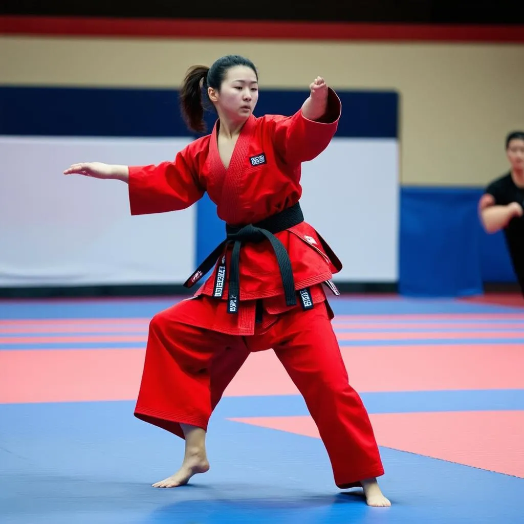 Nữ vận động viên Karate đang thi đấu