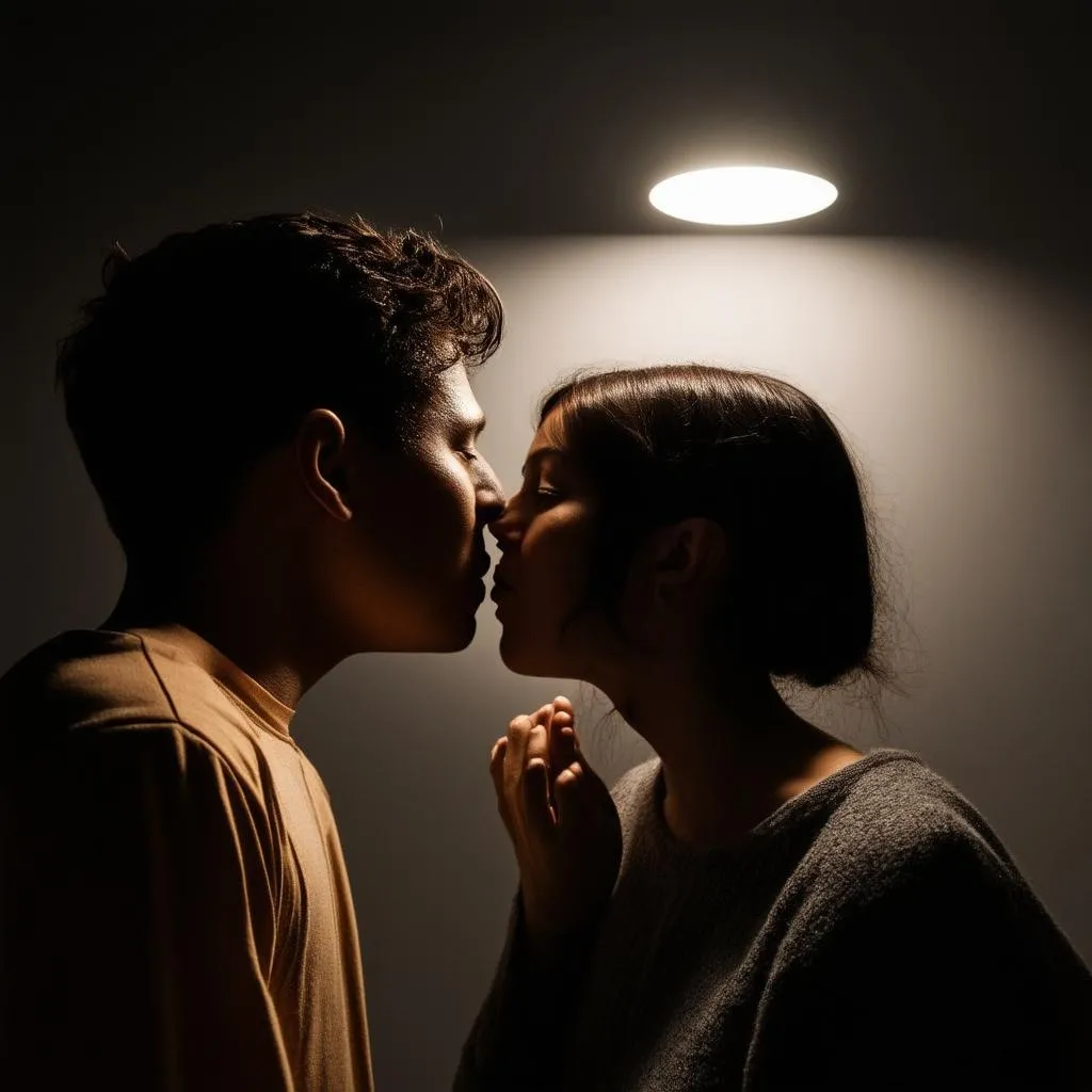 Two people whispering in a dark room