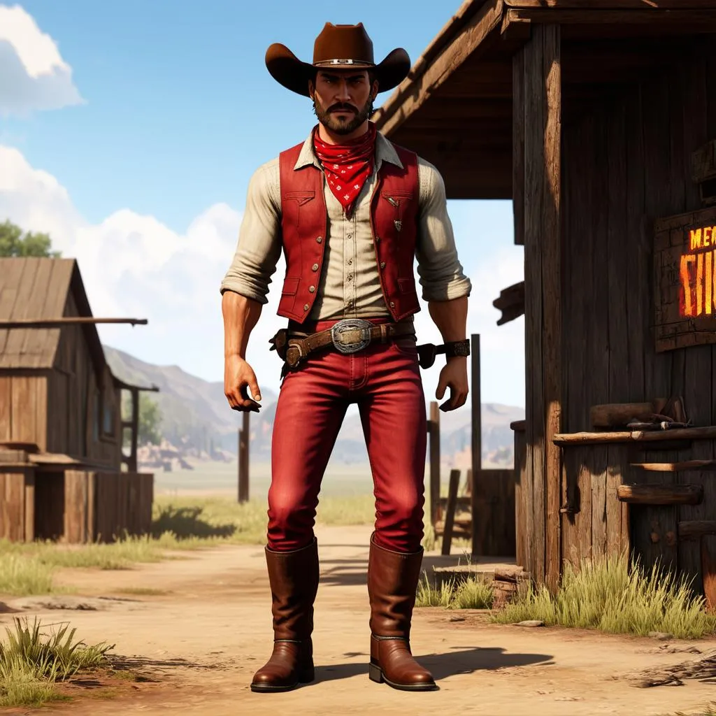 Hình ảnh nhân vật game Red Dead Online mặc trang phục màu đỏ