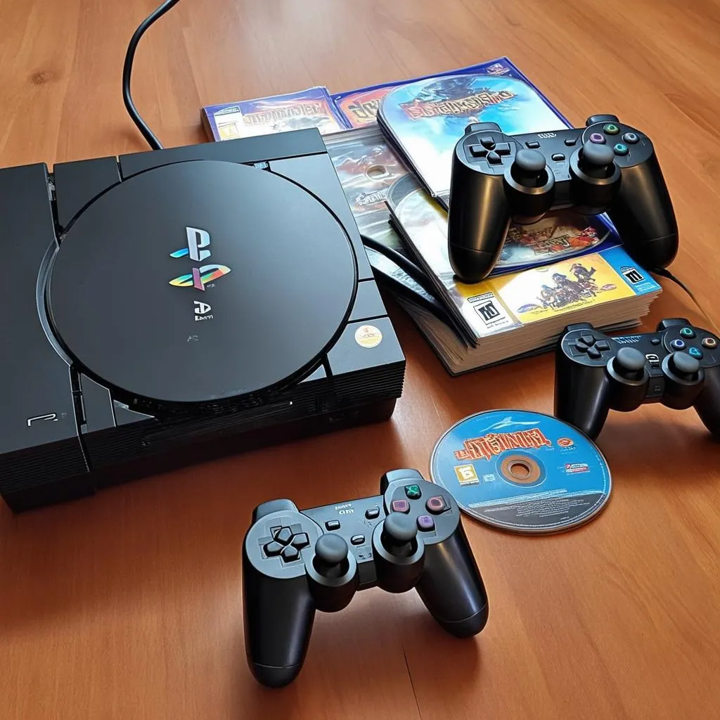 Hình ảnh PS2 với tay cầm và đĩa game